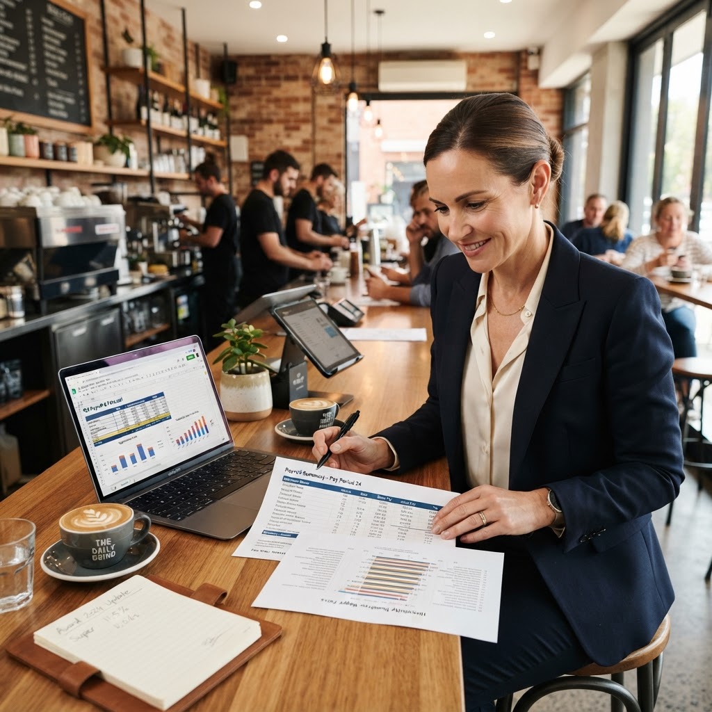 Australian hospitality employer reviewing wage rates and compliance documents at a cafe