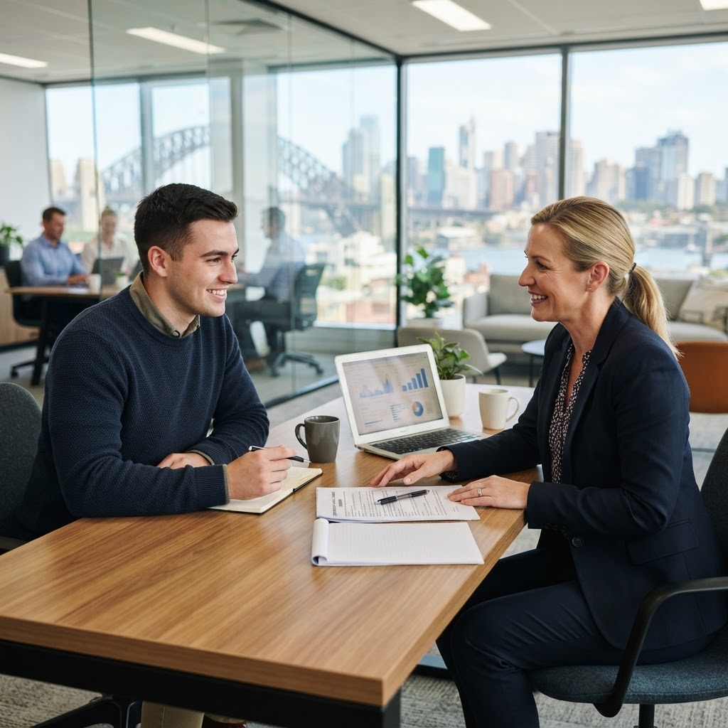 Employer discussing casual to permanent employment conversion with casual employee in Australian office