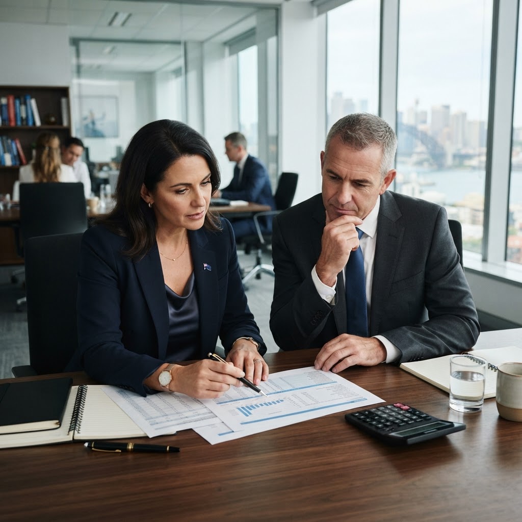Australian employer calculating redundancy pay on a calculator at a desk with financial documents