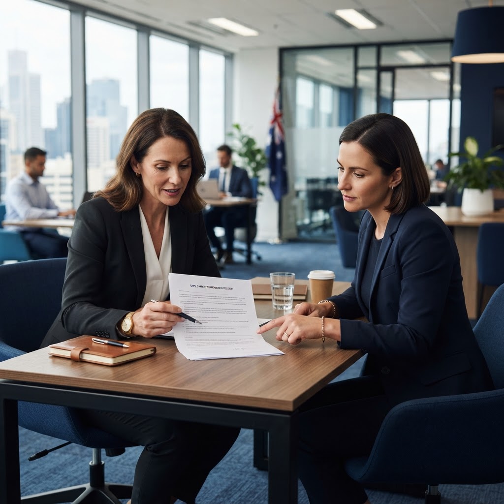 Employer and HR manager reviewing a payment in lieu of notice document in an Australian office