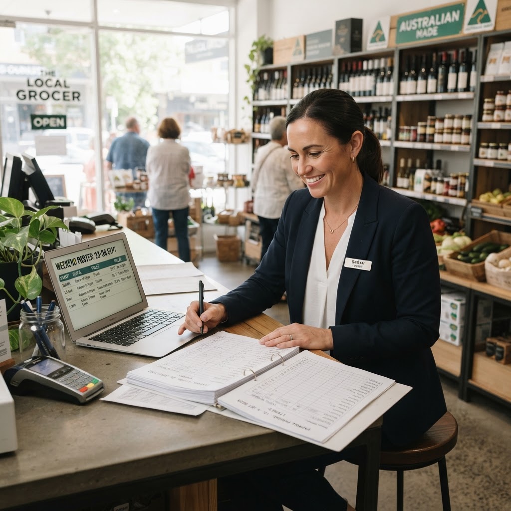 Australian retail employer reviewing weekend penalty rates and payroll documents at shop counter
