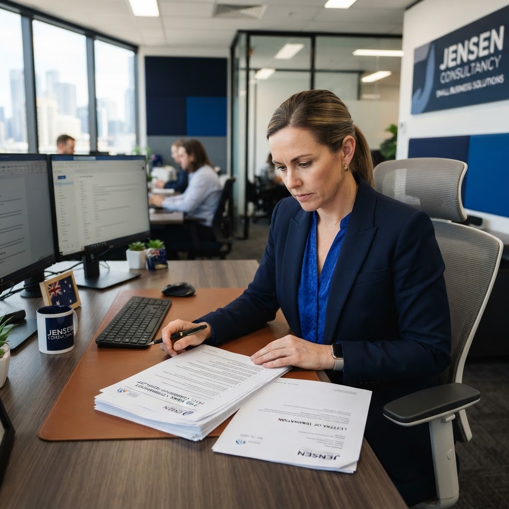 Small business employer referencing the Small Business Fair Dismissal Code checklist at a modern Australian office desk