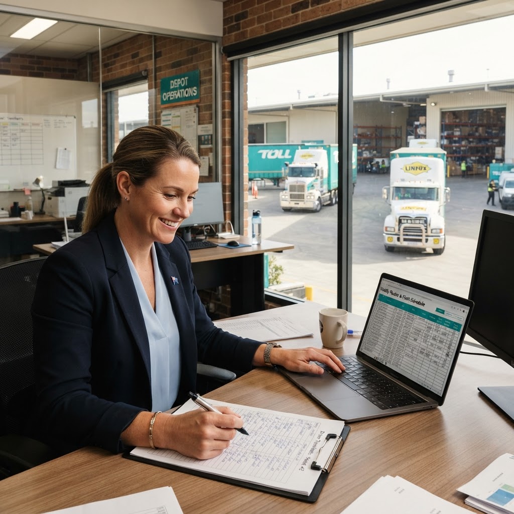 Transport industry employer reviewing driver hours and work schedules at a logistics depot office
