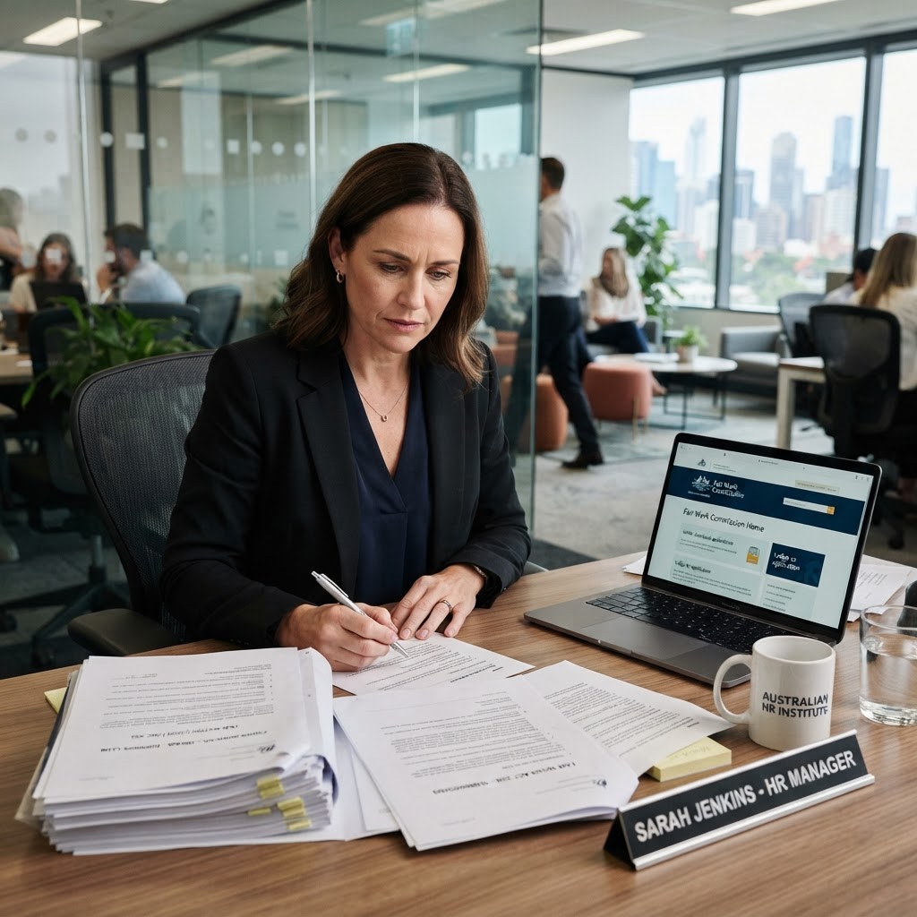 Unfair dismissal claims surge Australia: employer reviewing legal documents in modern Australian office
