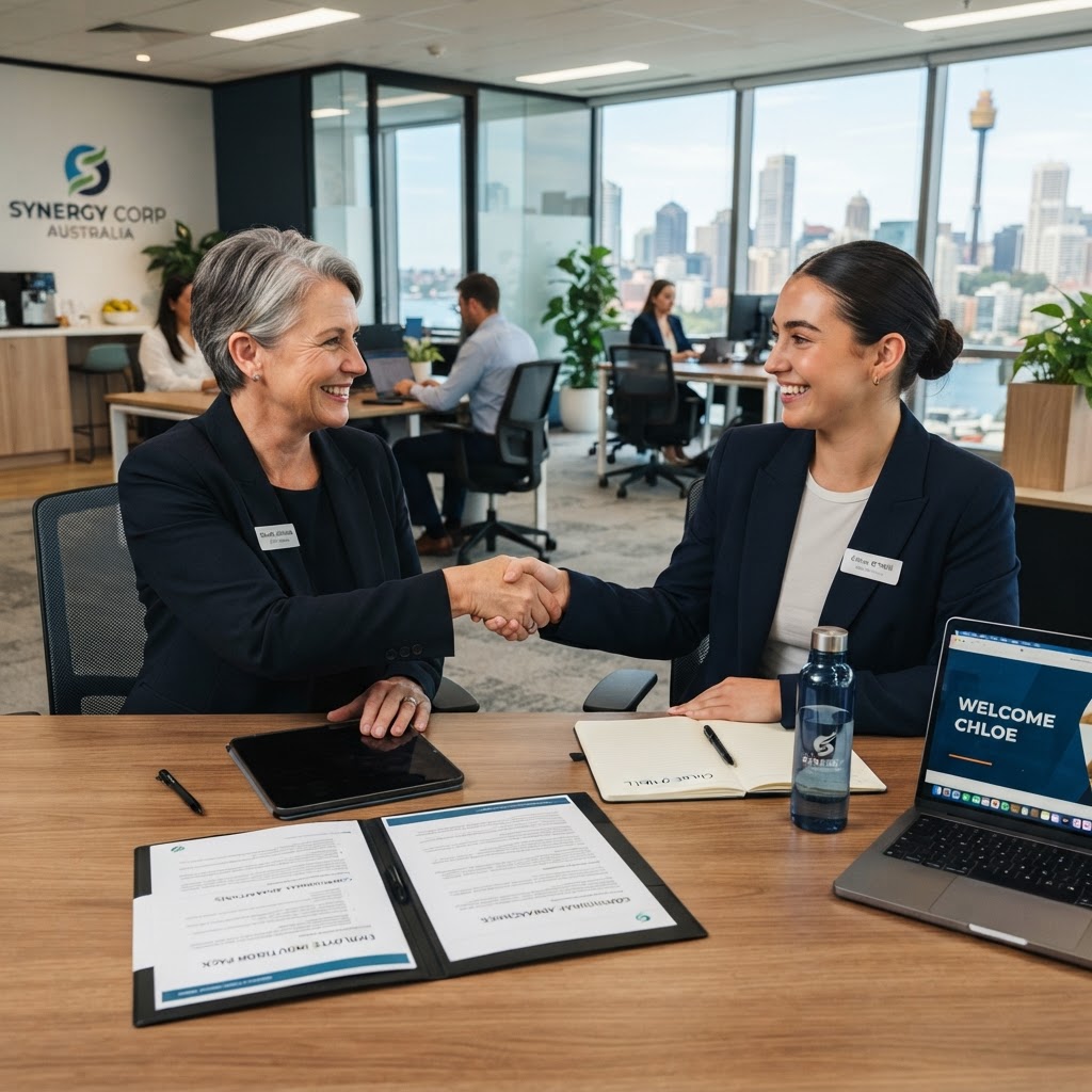 Probation period Australia employer guide showing new employee induction meeting in office