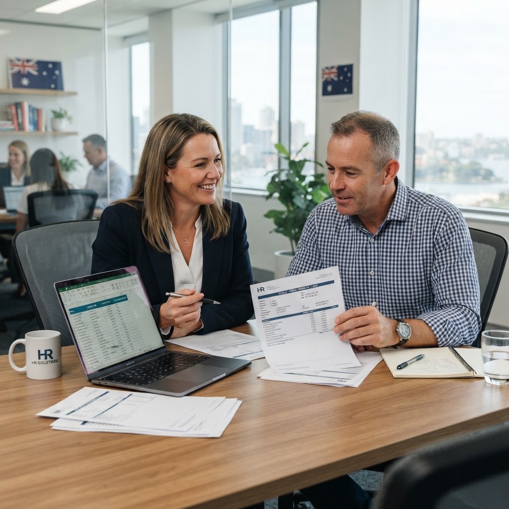 Can employees discuss wages - Australian employer and HR manager reviewing pay rates and employment contracts