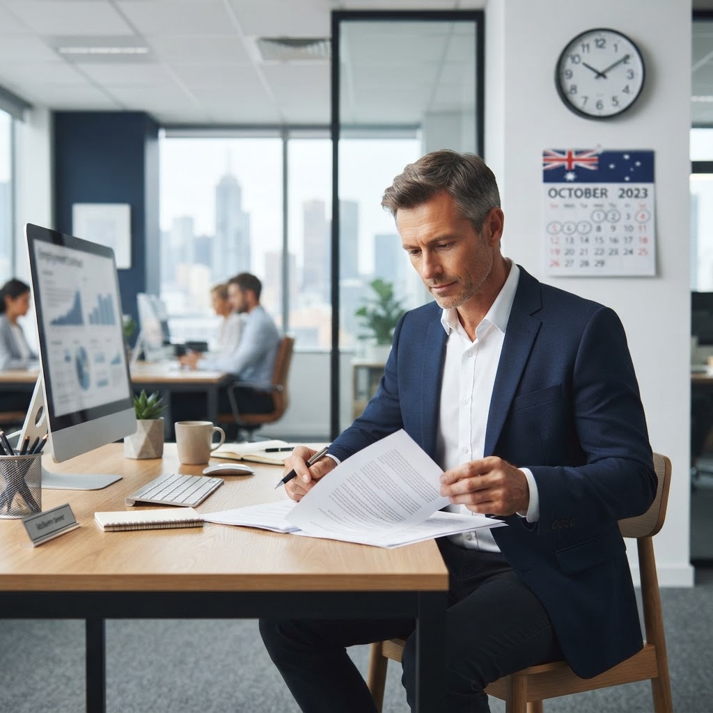 Employer reviewing employment contract to change working hours in an Australian office