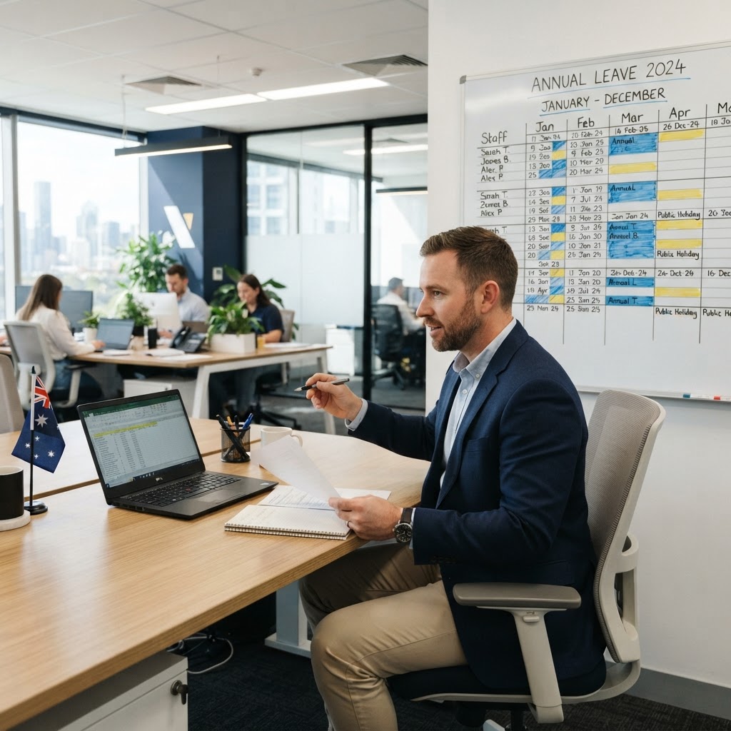 Australian HR manager reviewing an annual leave calendar and shutdown roster in a modern office
