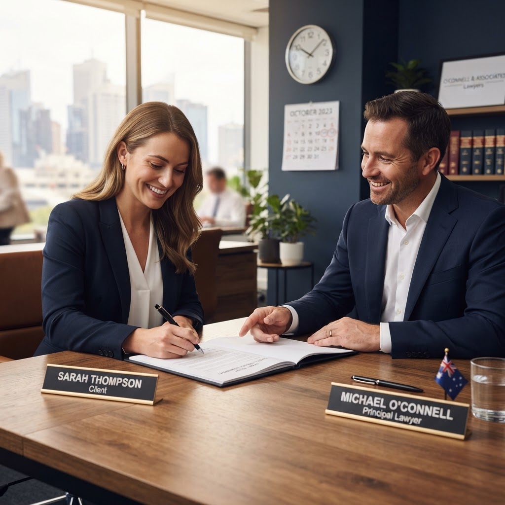 Australian employer signing a fixed-term employment contract across a desk