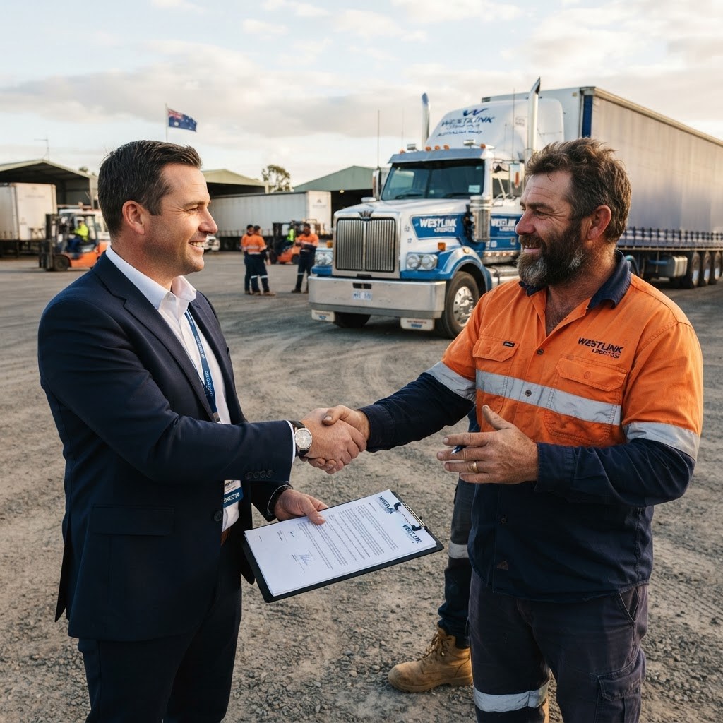 Fuel cost recovery contractual chain agreement between a logistics director and an owner-driver truck driver at an Australian transport depot