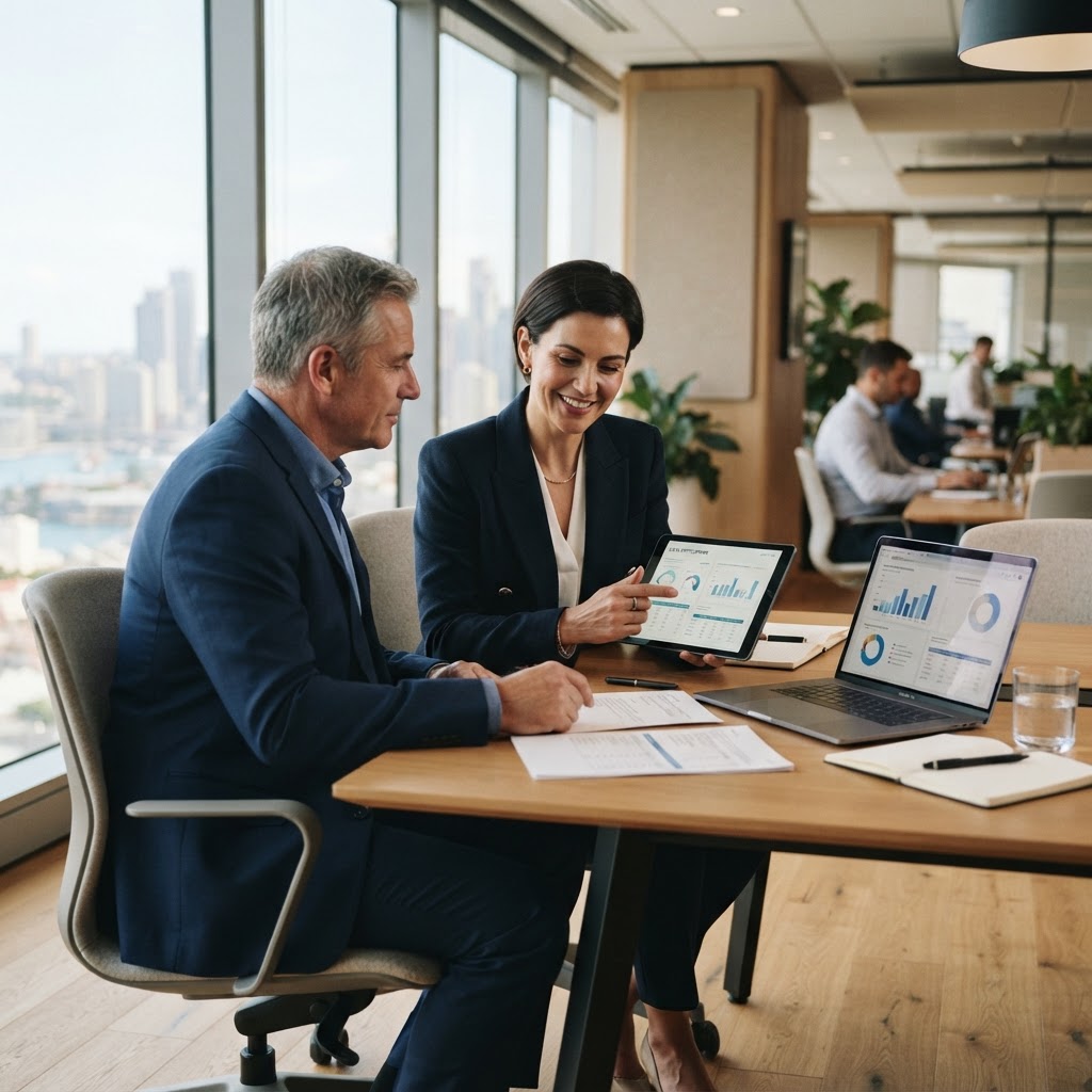 Australian HR manager reviewing long service leave entitlements with a business owner in a professional office