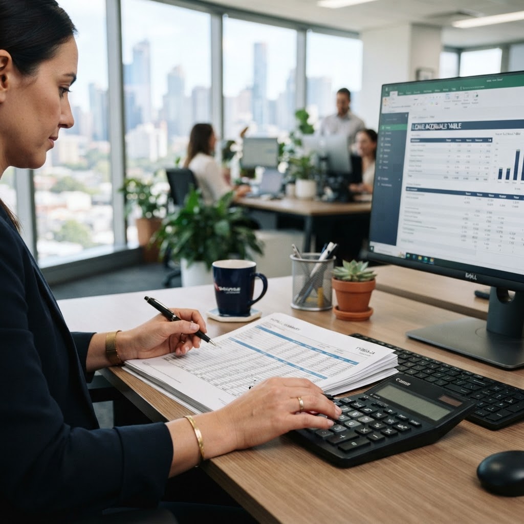 Payroll officer calculating long service leave accruals in an Australian office