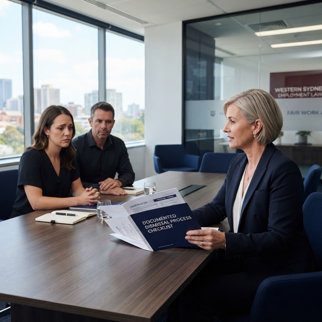 Australian employer holding a documented dismissal process checklist in a meeting room