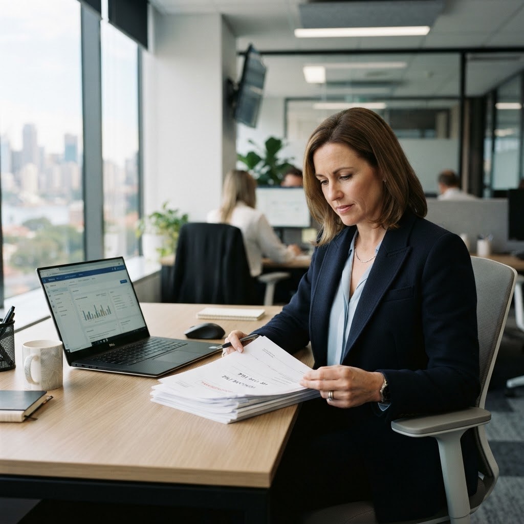 HR manager responding to an unfair dismissal claim with legal documents and laptop in an Australian office