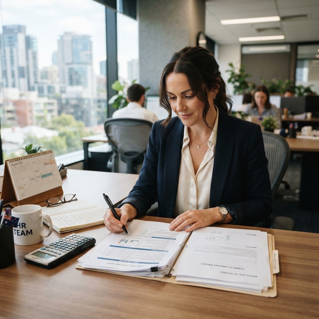 Transport HR manager reviewing fuel cost recovery compliance deadline paperwork in an Australian office