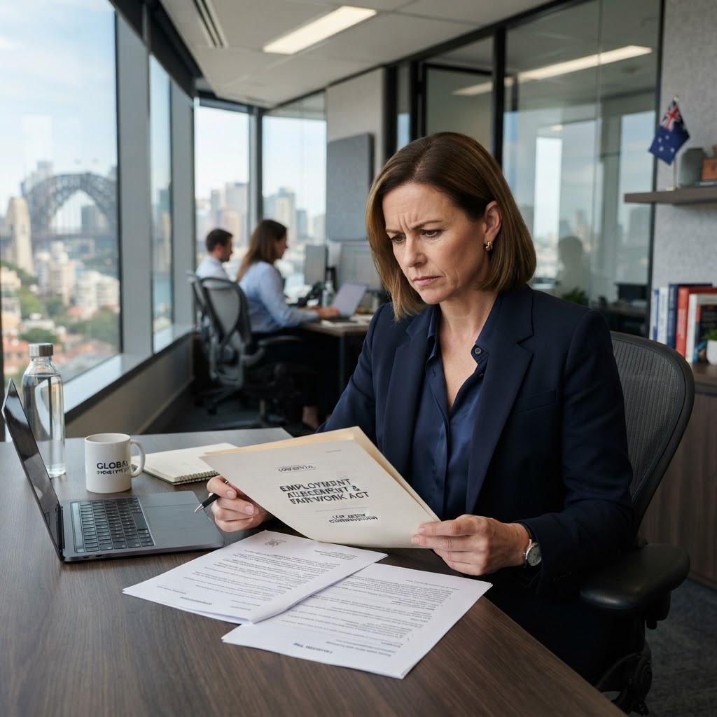Employer reviewing stand down employee documentation in Australian office