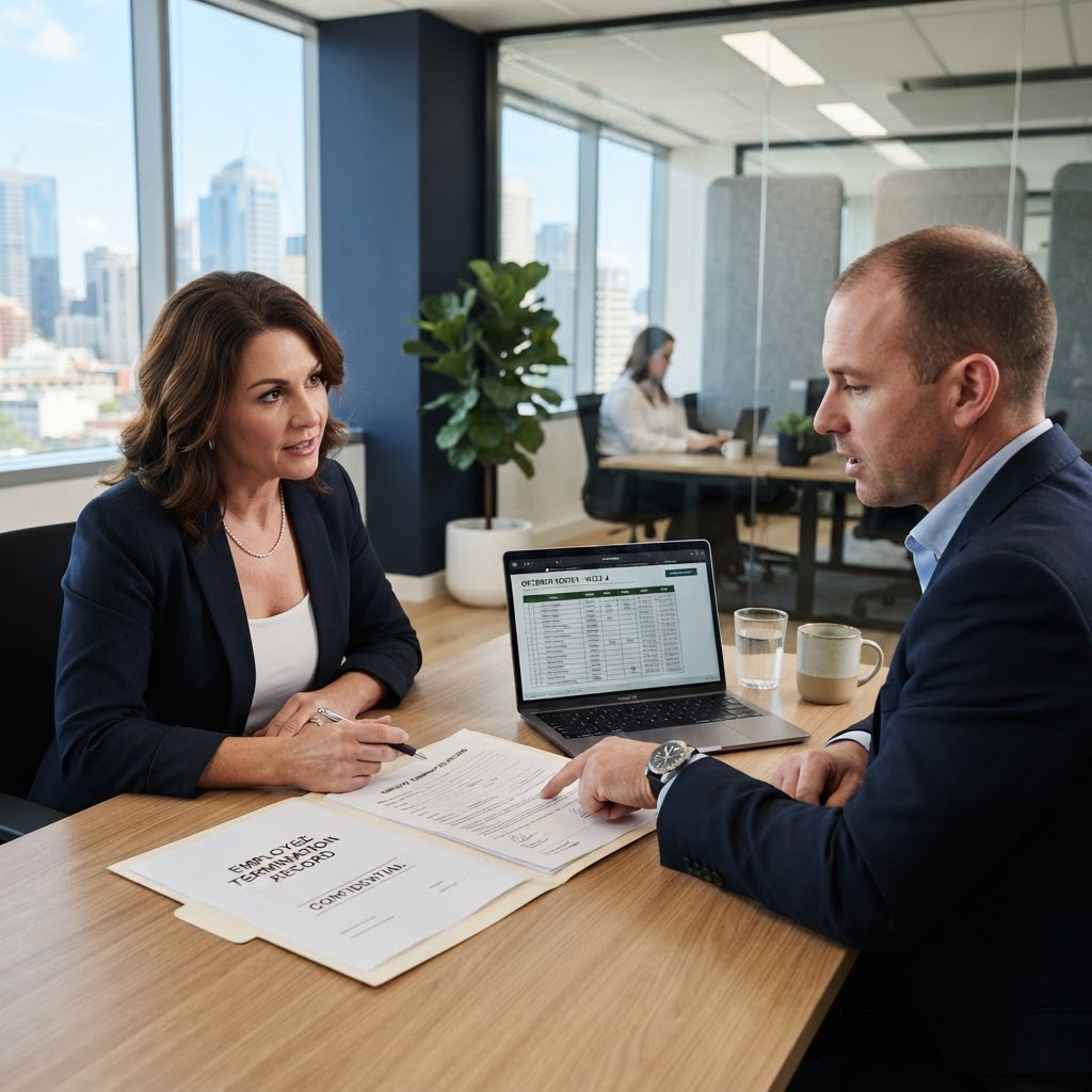 Employer and HR manager reviewing documents before terminating a casual employee under Fair Work rules